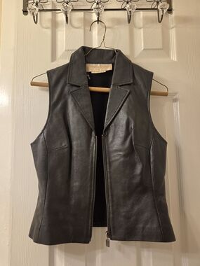 Sleek Black Leather Sleeveless Zip Front Vest